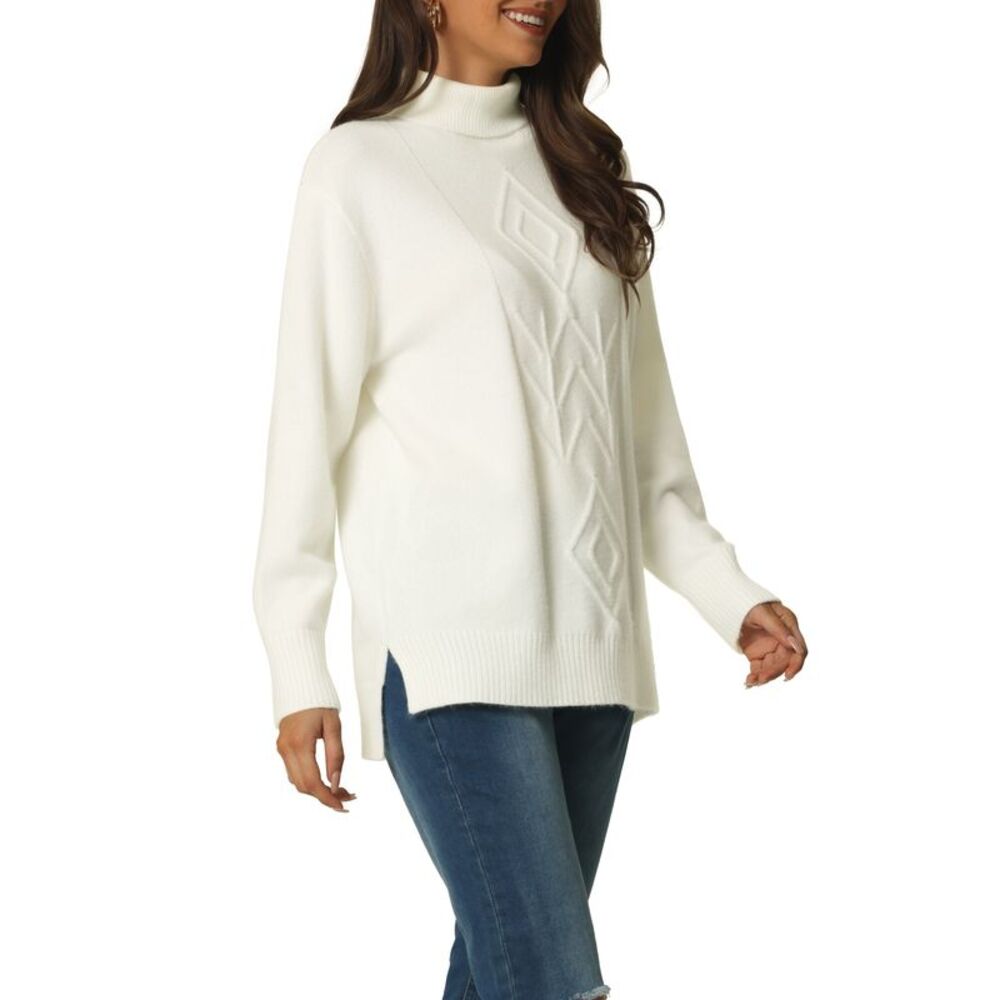 Turtleneck Sweater Spilt Hem Tunic Pullover Knit Sweater Tops White